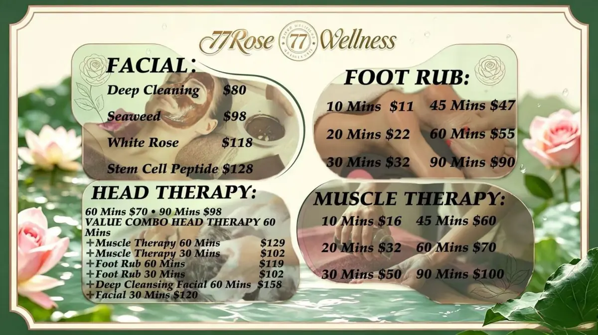 77 Rose Wellness service and price board